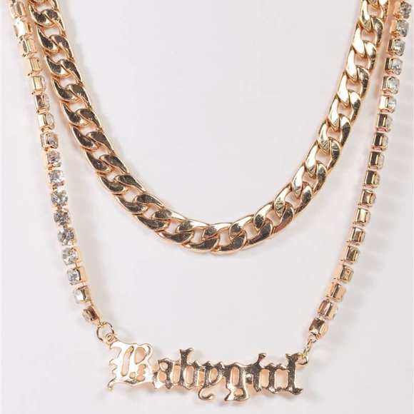 Jewelry - "Babygirl" Gold Chunky & Rhinestone Box Chains Set Necklace